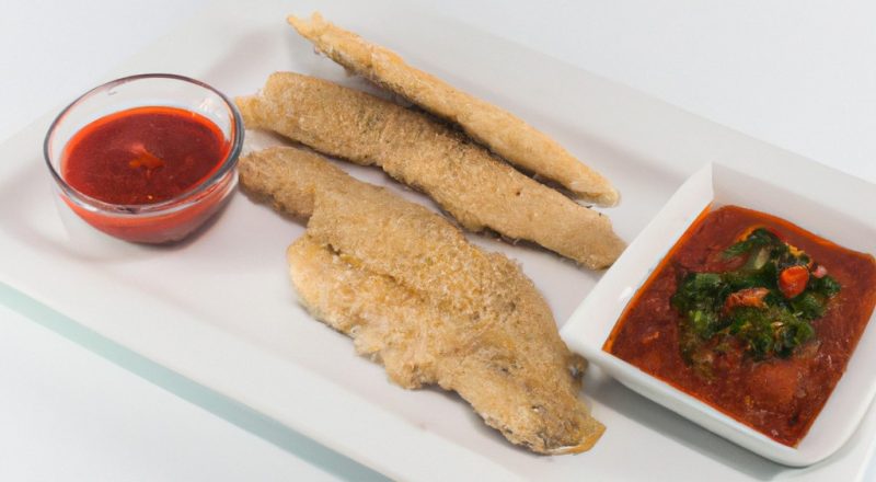 Imagem de um filé de peixe empanado e frito em uma fritadeira Airfryer. O peixe é servido em um prato com uma fatia de limão e um raminho de salsa.