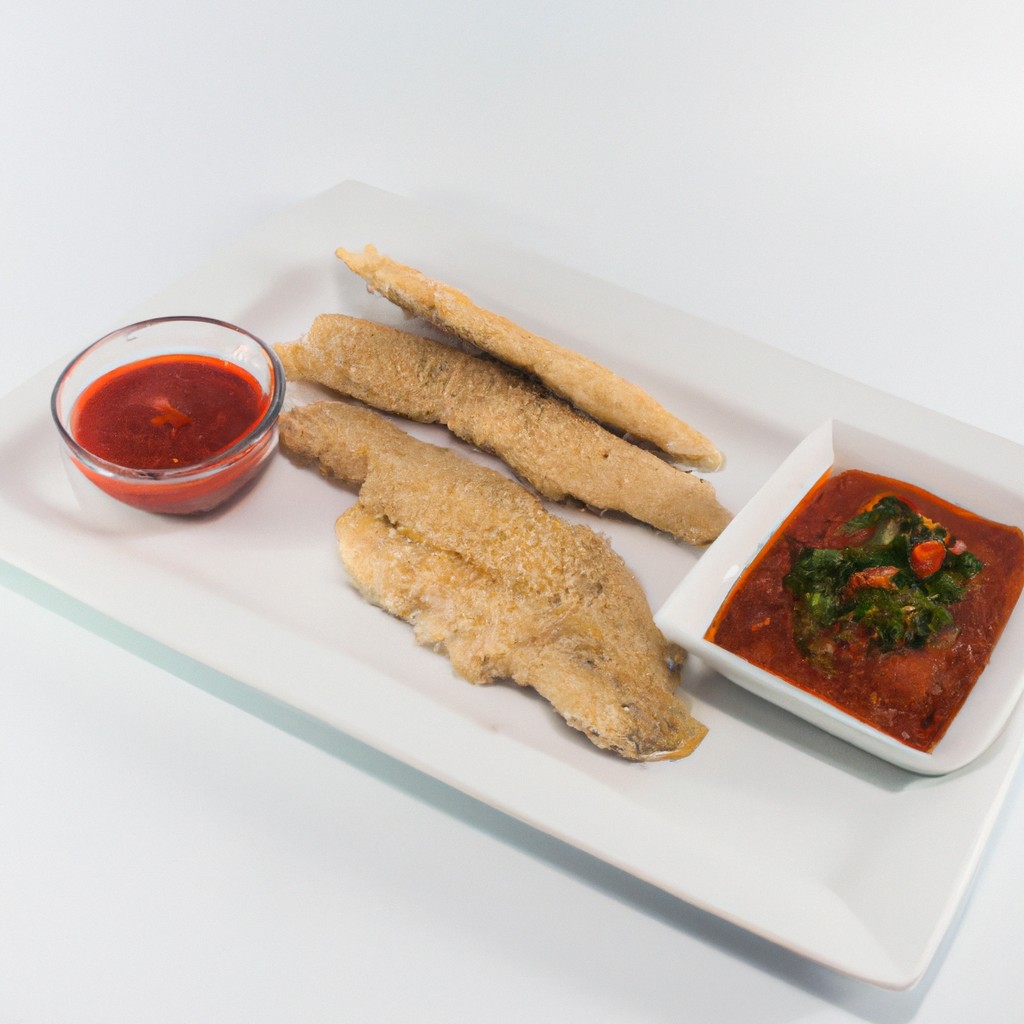 Imagem de um filé de peixe empanado e frito em uma fritadeira Airfryer. O peixe é servido em um prato com uma fatia de limão e um raminho de salsa.