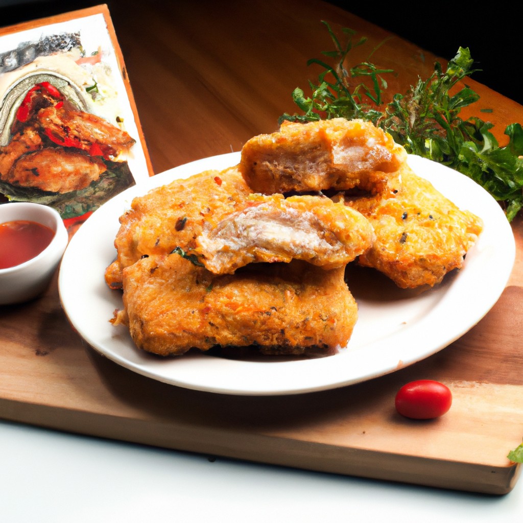 Filé De Peixe À Parmegiana Na Airfryer: Receita Deliciosa 1 Imagem de um filé de peixe frito coberto com molho marinara e queijo derretido. O peixe está em um prato branco com uma guarnição de espinafre refogado.