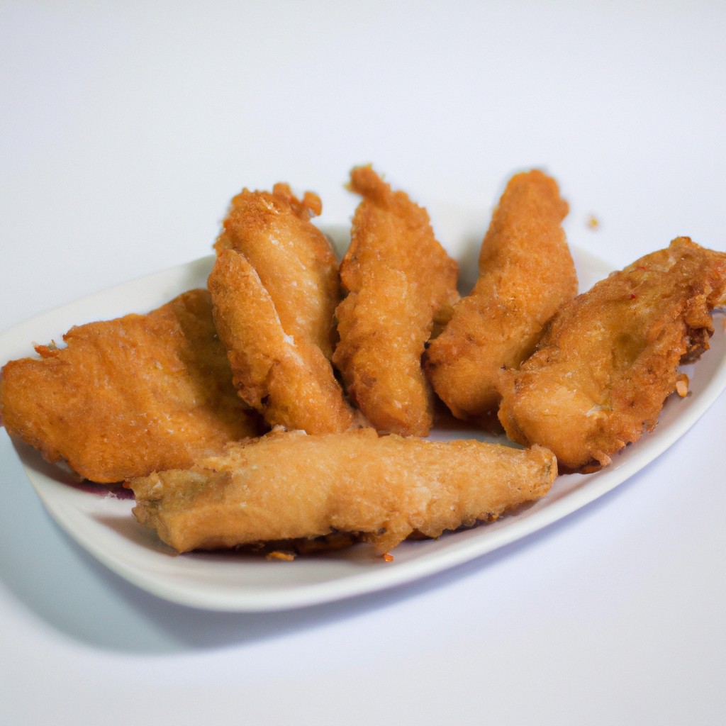Imagem de filés de peixe empanados crocantes e dourados em um prato branco, servidos com rodelas de limão e molho tártaro.
