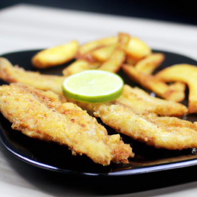 Imagem de filés de pescada branca cozidos na airfryer. Os filés são dourados e crocantes por fora e macios e suculentos por dentro. Eles são servidos em um prato com fatias de limão e ervas frescas.