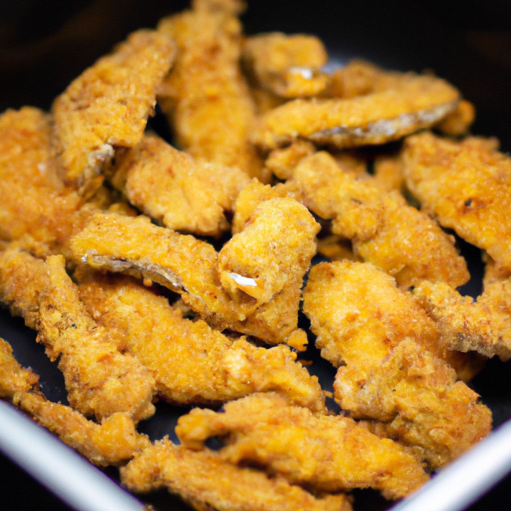 Imagem de filés de pescada empanados dourados e crocantes dispostos em uma cesta de airfryer. Os filés são servidos com fatias de limão e um ramekin de molho tártaro.