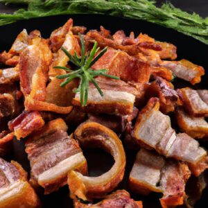 Imagem de filé de porco assado na Airfryer, coberto com bacon crocante. O filé é dourado e suculento, com a gordura do bacon caramelizada por cima. O prato é servido em um prato com legumes grelhados.