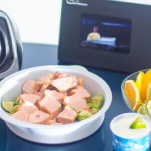 Imagem mostrando um filé de salmão cozido em uma airfryer, coberto com uma maionese cremosa. O salmão tem uma crosta crocante e dourada, enquanto a maionese adiciona um toque cremoso e saboroso. A imagem também mostra um prato com fatias de limão e ervas frescas.
