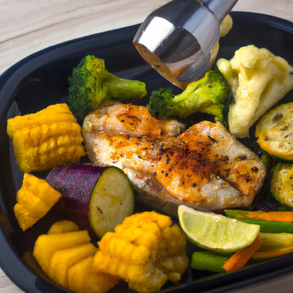 Imagem de um filé de tilápia grelhado perfeitamente na Airfryer, acompanhado por uma variedade de legumes assados, incluindo cenouras, brócolis e pimentões. O peixe tem uma crosta dourada crocante, enquanto os legumes estão tenros e caramelizados.
