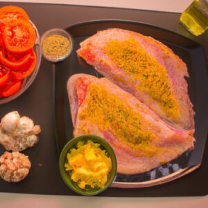Imagem de filé de tilápia assado na Airfryer, coberto com tomates frescos e temperos. O filé é dourado e crocante, enquanto os tomates estão suculentos e cheios de sabor. O prato é apresentado em um prato branco com uma guarnição de limão e ervas frescas. O fundo é branco, criando um contraste nítido com o prato colorido.
