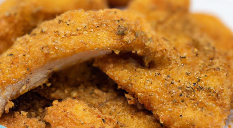 Imagem de um filé de dourada crocante e dourado cozido em uma Airfryer. O peixe é servido em um prato com rodelas de limão e ervas frescas.