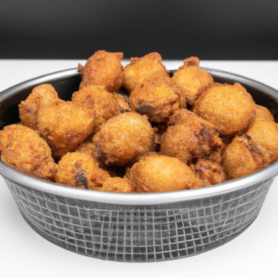 Foto de filetes de peixe empanados crocantes cozidos em uma fritadeira. Os filetes são dourados e têm uma crosta escamosa. Eles são servidos em um prato com fatias de limão e um molho tártaro.