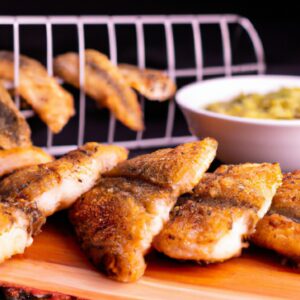 Filés de pescada crocantes e dourados preparados na airfryer, servidos em um prato com rodelas de limão e ervas frescas.