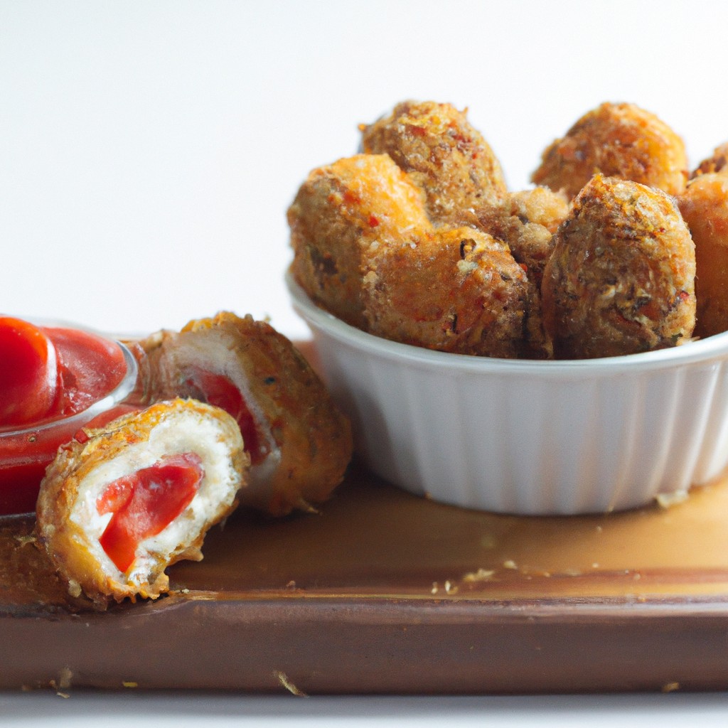Imagem de filezinhos de sassami dispostos em uma airfryer com fatias de tomate e queijo derretido por cima.