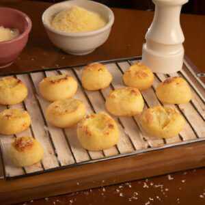 Imagem de uma focaccia recém-assada em uma Airfryer. A focaccia é polvilhada com parmesão ralado e tem uma crosta dourada crocante. O interior da focaccia é macio e fofo, com bolhas de ar visíveis.