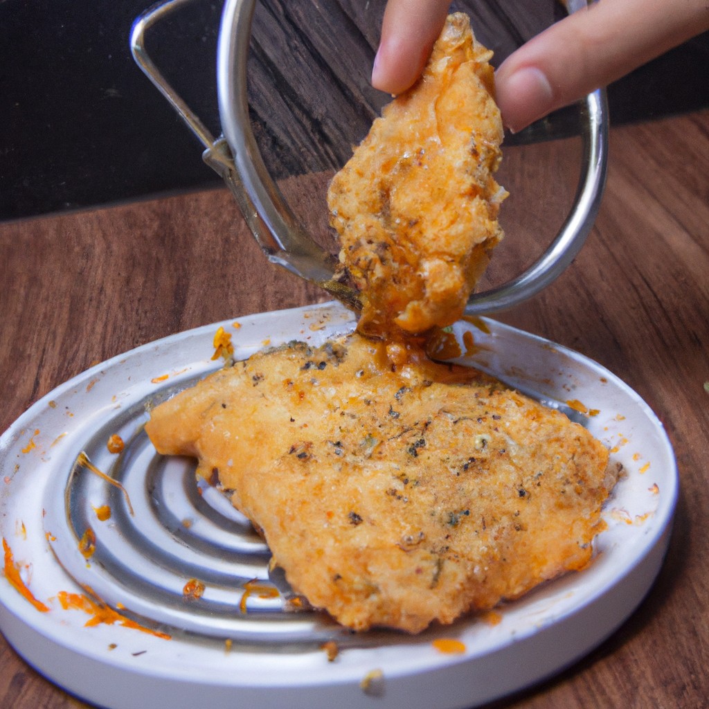 Imagem de frango à milanesa crocante e dourado preparado na airfryer, servido com um molho à sua escolha. O prato é apresentado em um prato branco, acompanhado de limões e ervas frescas.