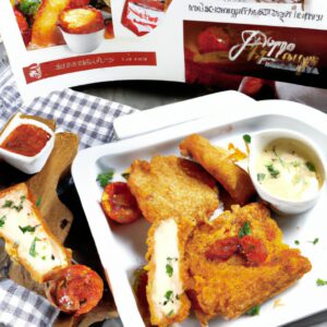 Uma foto de um prato de Frango à Parmegiana feito na Airfryer. O prato contém um frango empanado coberto com molho de tomate e queijo derretido, acompanhado de espaguete.