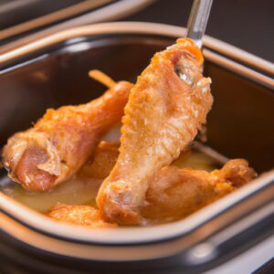 Imagem de frango à passarinho frito em uma airfryer. O frango é dourado e crocante, com uma aparência suculenta. Na imagem, o frango está disposto em uma cesta da airfryer.