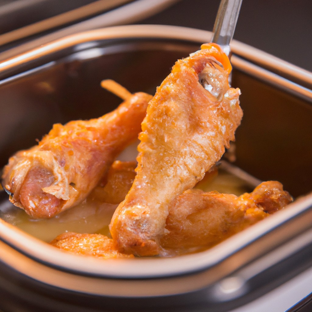 Imagem de frango à passarinho frito em uma airfryer. O frango é dourado e crocante, com uma aparência suculenta. Na imagem, o frango está disposto em uma cesta da airfryer.