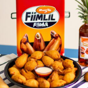 Imagem de um frango assado inteiro em uma Airfryer, recheado com palmito e outros ingredientes. O frango está dourado e crocante, com o palmito aparecendo entre as coxas e as asas.