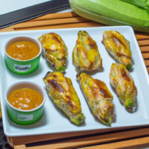 Imagem de frango e abobrinha cozidos em uma Airfryer. Os pedaços de frango são dourados e crocantes, enquanto a abobrinha é macia e caramelizada. O prato é guarnecido com ervas frescas.
