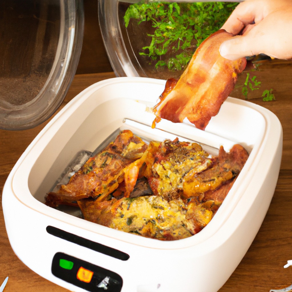 Frango Com Bacon E Ervas Na Airfryer: Receita Fácil De Fazer 1 Imagem de frango assado na Airfryer, coberto com bacon e ervas aromáticas. O frango é dourado e crocante, enquanto o bacon está cozido até ficar crocante. As ervas adicionam um toque de cor e sabor ao prato.