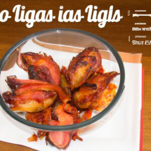 Imagem de frango assado com bacon em uma Airfryer. O frango é dourado e crocante, com pedaços de bacon por cima. O frango está em uma cesta Airfryer, com uma espátula ao lado.