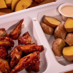 Imagem de uma bandeja de frango assado e batatas doces na Airfryer. O frango está dourado e as batatas doces estão macias e caramelizadas.