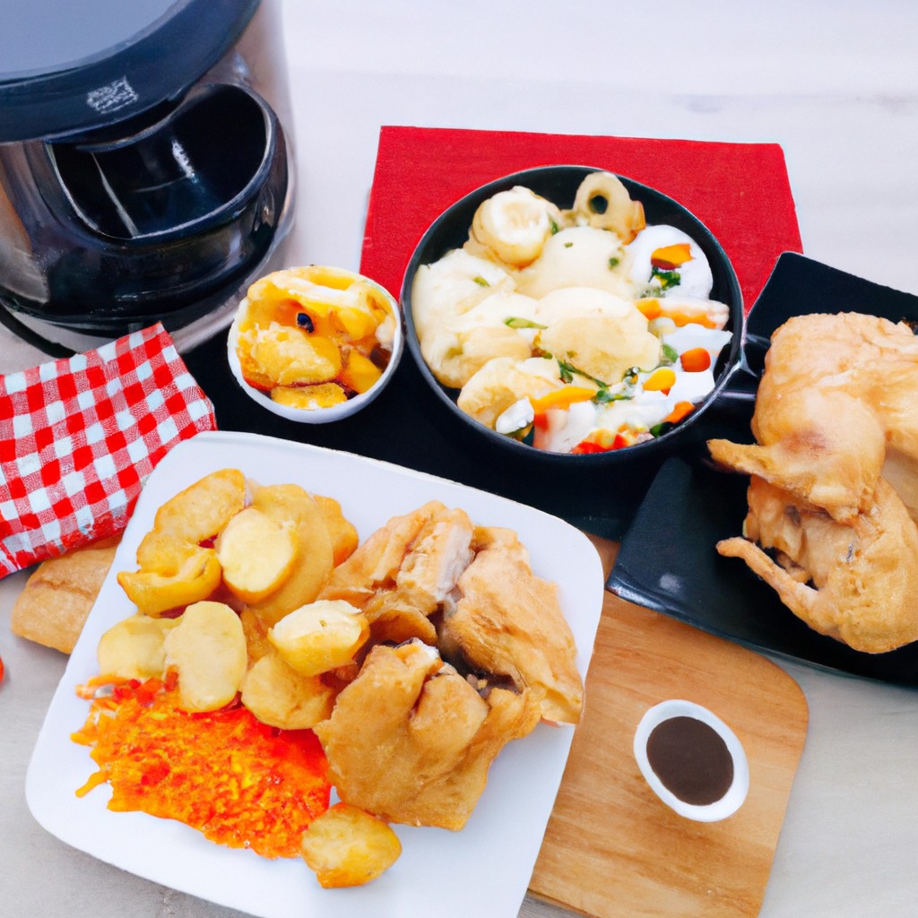 Imagem de um prato com frango, batatas e cenouras cozidos na Airfryer. O frango está dourado e crocante, e os legumes estão macios e caramelizados.
