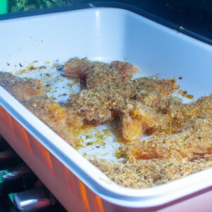 Imagem de uma fritadeira elétrica contendo frango empanado com ervas. O frango está dourado e crocante, com ervas visíveis na superfície. A fritadeira está sobre uma superfície preta, com um fundo desfocado.