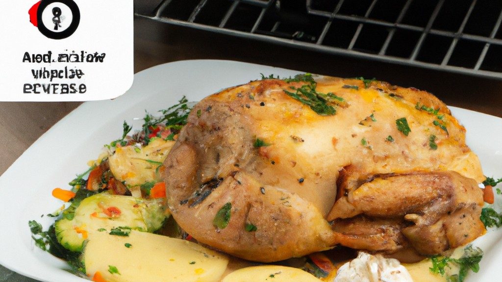 Imagem de um prato cheio de frango assado e legumes cozidos na Airfryer. O frango está dourado e crocante, e os legumes estão tenros e coloridos. O prato é servido sobre uma cama de arroz branco e guarnecido com salsa fresca.