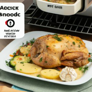 Imagem de um prato cheio de frango assado e legumes cozidos na Airfryer. O frango está dourado e crocante, e os legumes estão tenros e coloridos. O prato é servido sobre uma cama de arroz branco e guarnecido com salsa fresca.