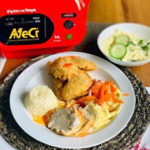 Imagem de um prato com frango assado e legumes coloridos, cozidos na Airfryer. O frango está dourado e crocante, enquanto os legumes estão tenros e suculentos. O prato é servido com um molho cremoso, que adiciona sabor e umidade à refeição.