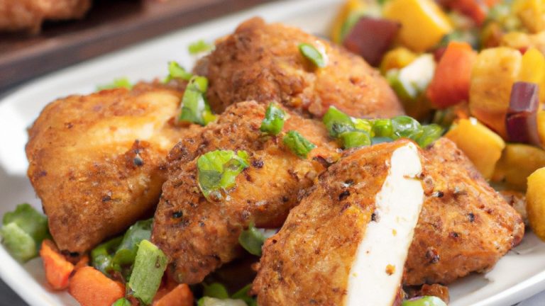 Imagem de um prato de frango com legumes assados na airfryer. O frango está dourado e crocante, e os legumes estão coloridos e tenros. A imagem mostra o contraste entre a crocância do frango e a maciez dos legumes.