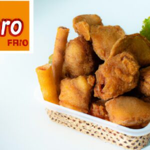 Imagem de cubos de frango crocantes cozidos em uma airfryer. O frango é dourado e crocante por fora, e suculento e macio por dentro.
