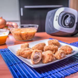 Uma imagem de um frango assado na Airfryer. O frango é dourado e crocante, com pele crocante. Ele é servido em um prato com rodelas de limão e ervas.