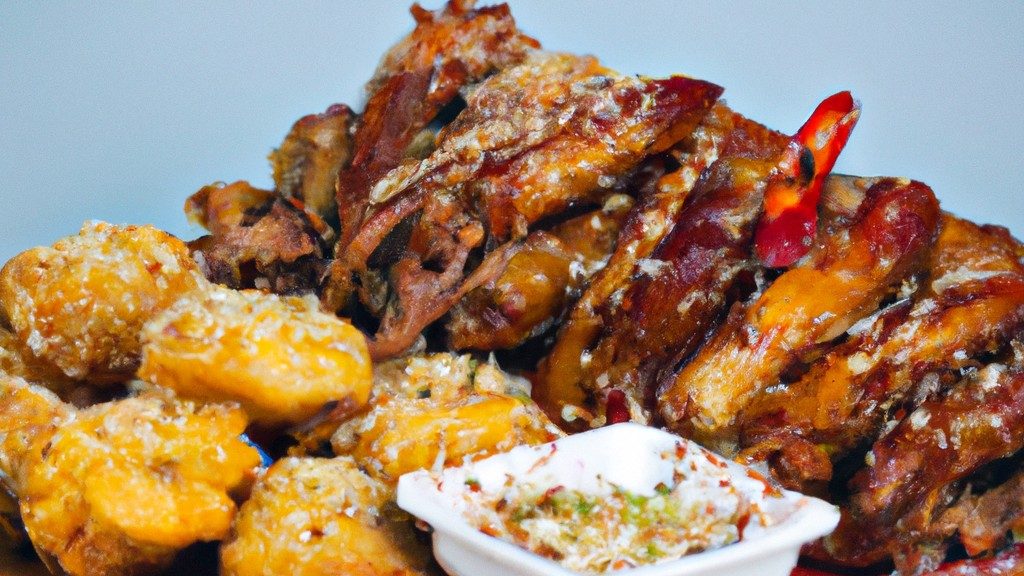 Imagem mostra um prato de frango frito à coreana, com pedaços de frango crocantes e dourados cobertos com um molho picante e doce. O prato é guarnecido com sementes de gergelim e cebolinha.