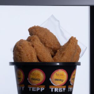 Imagem de um balde branco cheio de pedaços de frango frito crocante, acompanhado de batatas fritas e molho, sobre uma superfície de madeira escura.