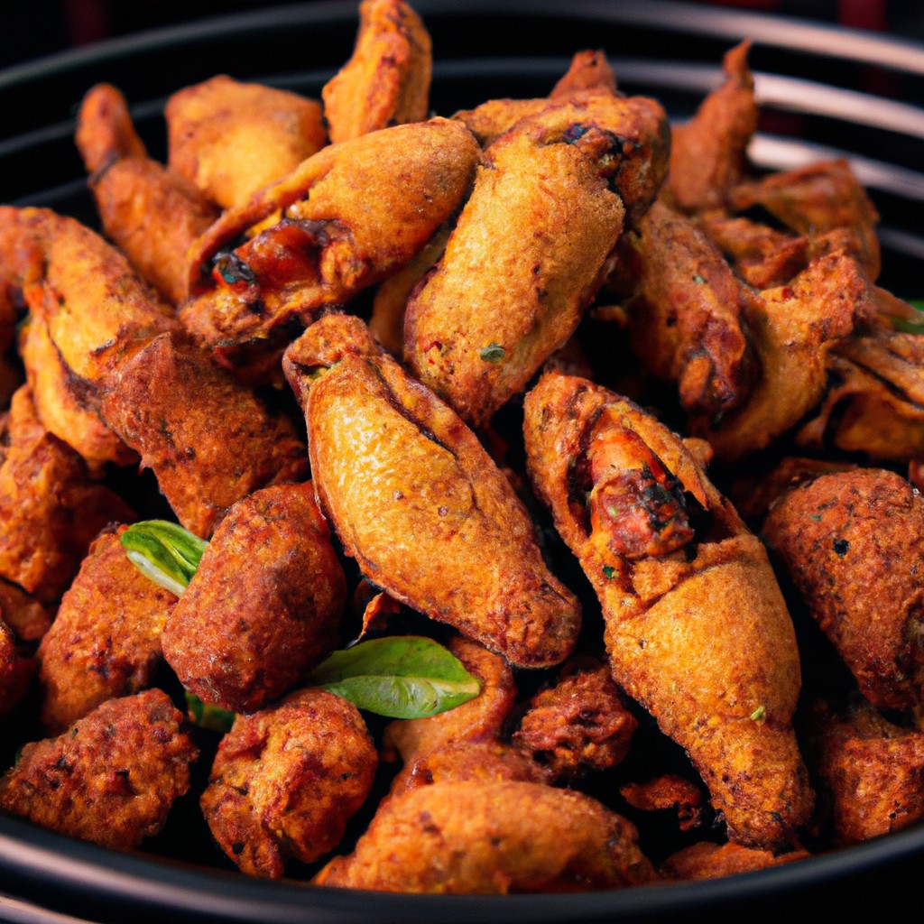 Frango Indiano Na Airfryer 1 Uma imagem de um prato de Frango Indiano Na Airfryer, coberto com especiarias e ervas. O frango é dourado e crocante, e está rodeado por vegetais coloridos, como pimentos, cebolas e tomates.