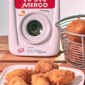 Imagem de frango frito crocante dourado feito na Airfryer, servido com molho e acompanhamentos.