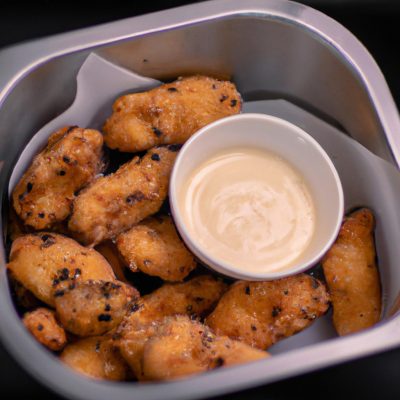 Imagem de um prato com frango frito e cremoso, preparado em uma Airfryer. O frango é dourado e crocante, coberto com um molho cremoso à base de leite. O prato é acompanhado de batatas fritas douradas e uma salada verde fresca.