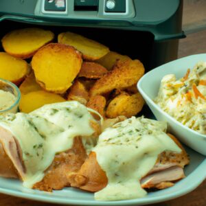 Imagem de um prato com frango frito dourado e crocante, acompanhado de batatas fritas e um pote de maionese. O frango está perfeitamente cozido, com a pele dourada e crocante e a carne suculenta e macia. As batatas fritas são crocantes por fora e macias por dentro, e a maionese é cremosa e saborosa.