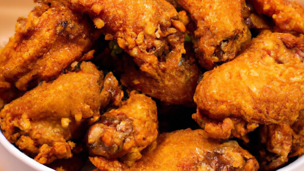 Imagem de frango dourado e crocante cozido em uma Airfryer. O frango é temperado com ervas e especiarias e tem uma pele crocante e suculenta.