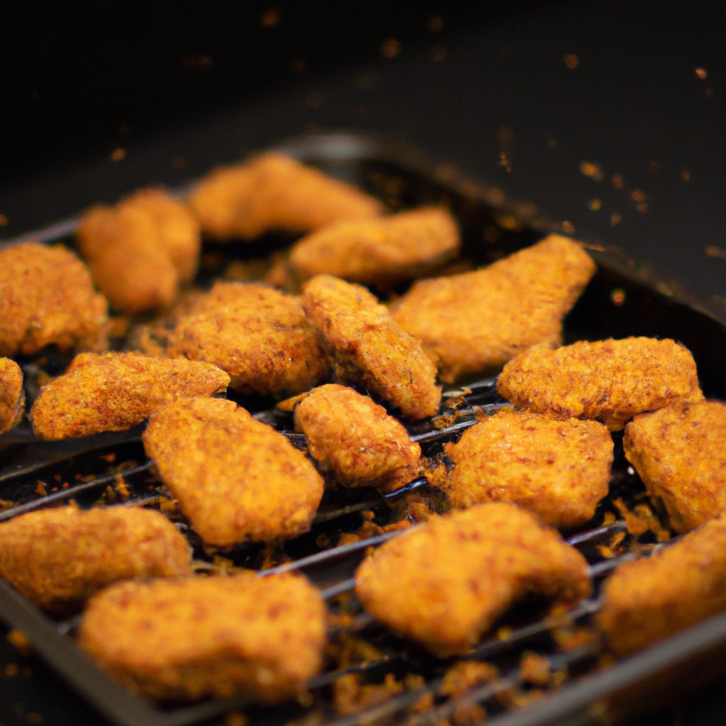 Imagem de um galeto assado na airfryer. O frango está dourado e crocante, e está colocado em uma cesta da airfryer.