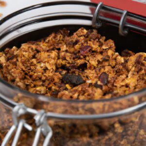 Imagem de uma tigela de granola crocante e dourada feita na airfryer. A granola é coberta com nozes, sementes e frutas secas e está pronta para ser saboreada como um lanche saudável ou parte de um café da manhã equilibrado.