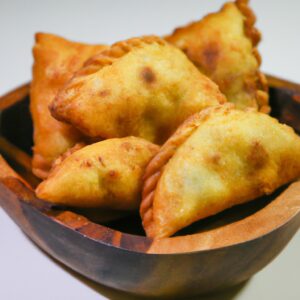 Imagem de guiozas crocantes e douradas cozidas na Airfryer. As guiozas têm uma crosta crocante e um recheio suculento, visível através das dobras da massa. Elas são dispostas em um prato branco, prontas para serem servidas com um molho de acompanhamento.