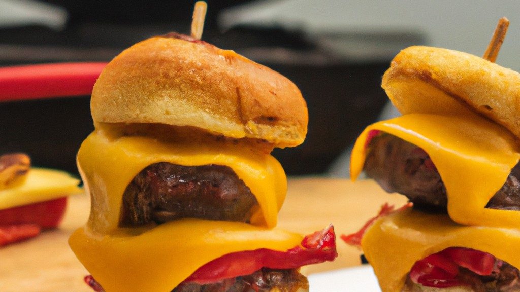 Foto de um hambúrguer artesanal cozido na Airfryer, com pão, carne, queijo, alface, tomate e cebola. O hambúrguer está cortado ao meio, mostrando o interior suculento. A Airfryer está ao fundo, com a porta aberta.