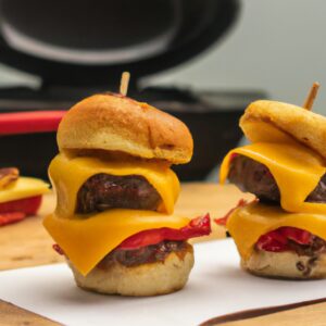 Foto de um hambúrguer artesanal cozido na Airfryer, com pão, carne, queijo, alface, tomate e cebola. O hambúrguer está cortado ao meio, mostrando o interior suculento. A Airfryer está ao fundo, com a porta aberta.