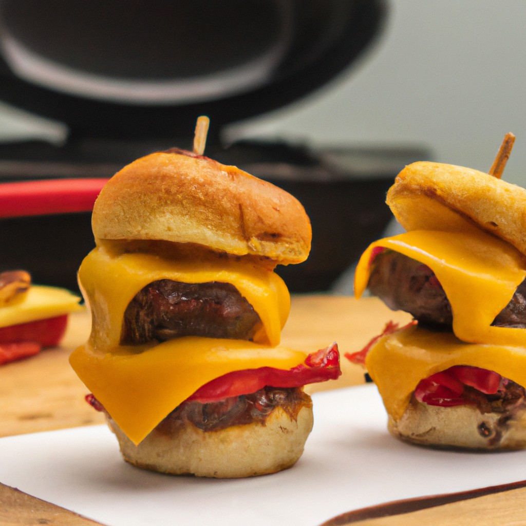 Foto de um hambúrguer artesanal cozido na Airfryer, com pão, carne, queijo, alface, tomate e cebola. O hambúrguer está cortado ao meio, mostrando o interior suculento. A Airfryer está ao fundo, com a porta aberta.