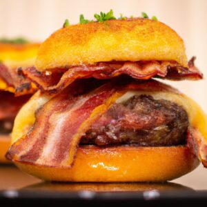Imagem de um hambúrguer suculento cozido na Airfryer, coberto com bacon crocante, queijo derretido, alface fresca, tomate e cebola roxa. O hambúrguer é colocado em um pão macio e fofo, com batatas fritas crocantes ao lado.