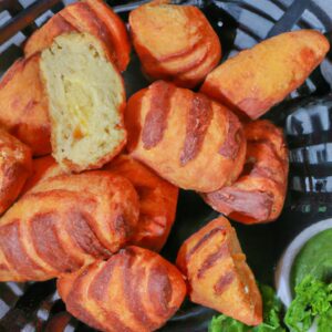 Imagem de inhame frito na Airfryer, com casca dourada e crocante, e interior macio e fofo.