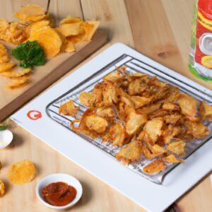 Imagem de uma travessa cheia de iscas de frango douradas e crocantes cobertas com um molho shoyu. As iscas são servidas com uma tigela de arroz e uma porção de brócolis cozido no vapor.