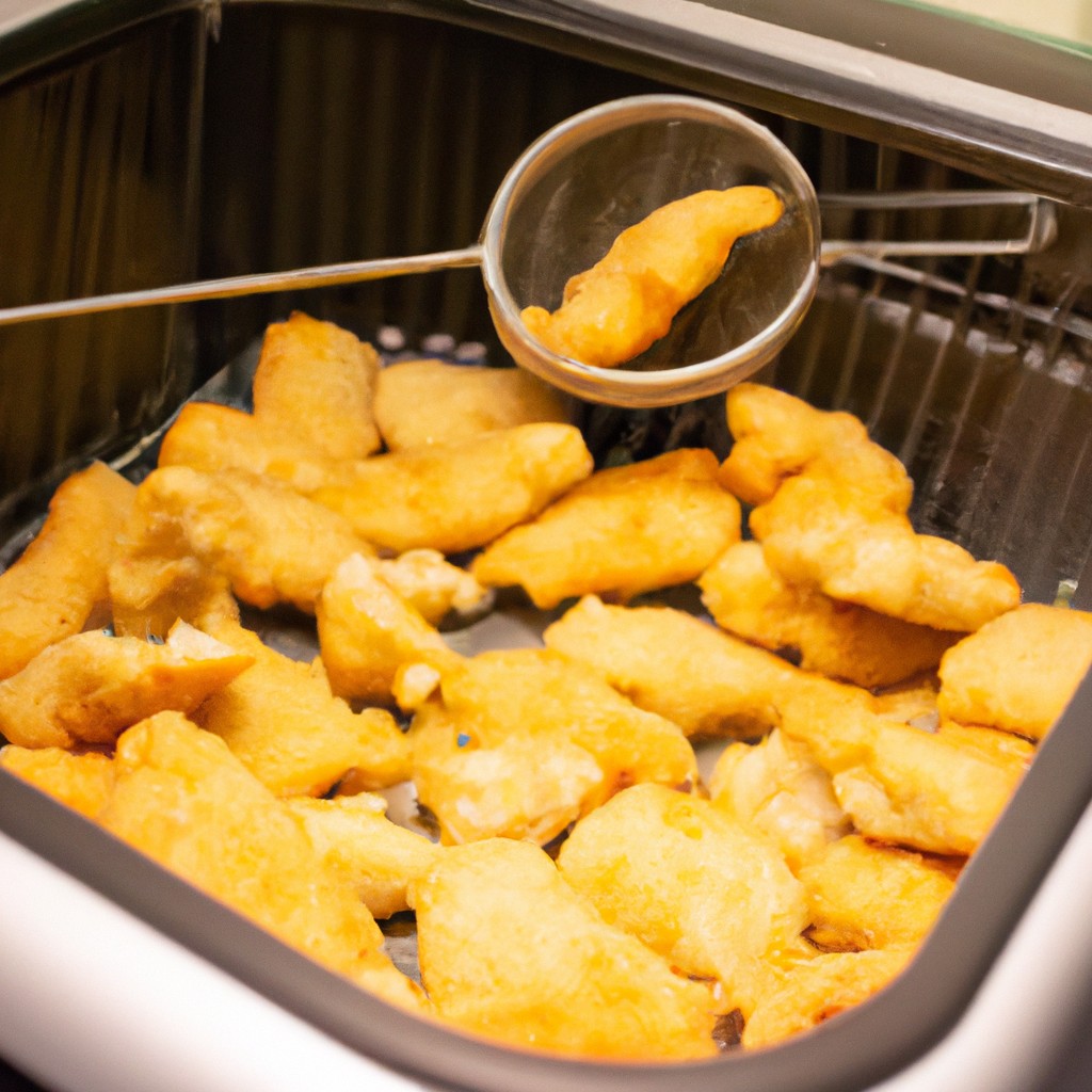 Isca De Peixe Empanado Na Airfryer: Receita Caseira Deliciosa 1 Imagem de tiras de isca de peixe empanadas crocantes e douradas dispostas em um prato. As tiras são feitas com filés de peixe fresco, empanados com farinha de rosca e especiarias e cozidas na airfryer até ficarem crocantes por fora e tenras por dentro.