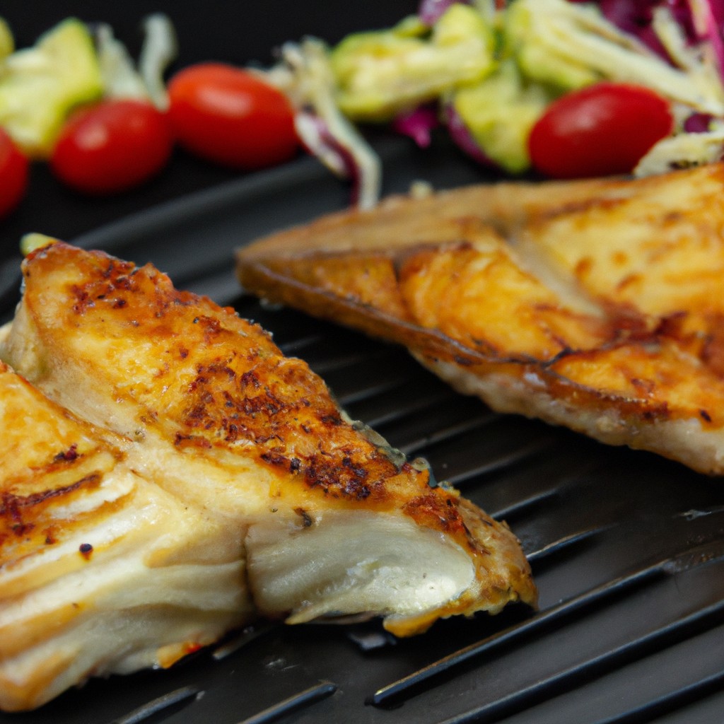 Imagem de iscas de peixe empanadas e douradas com legumes coloridos como brócolis, cenoura e pimentão, tudo cozido em uma airfryer.